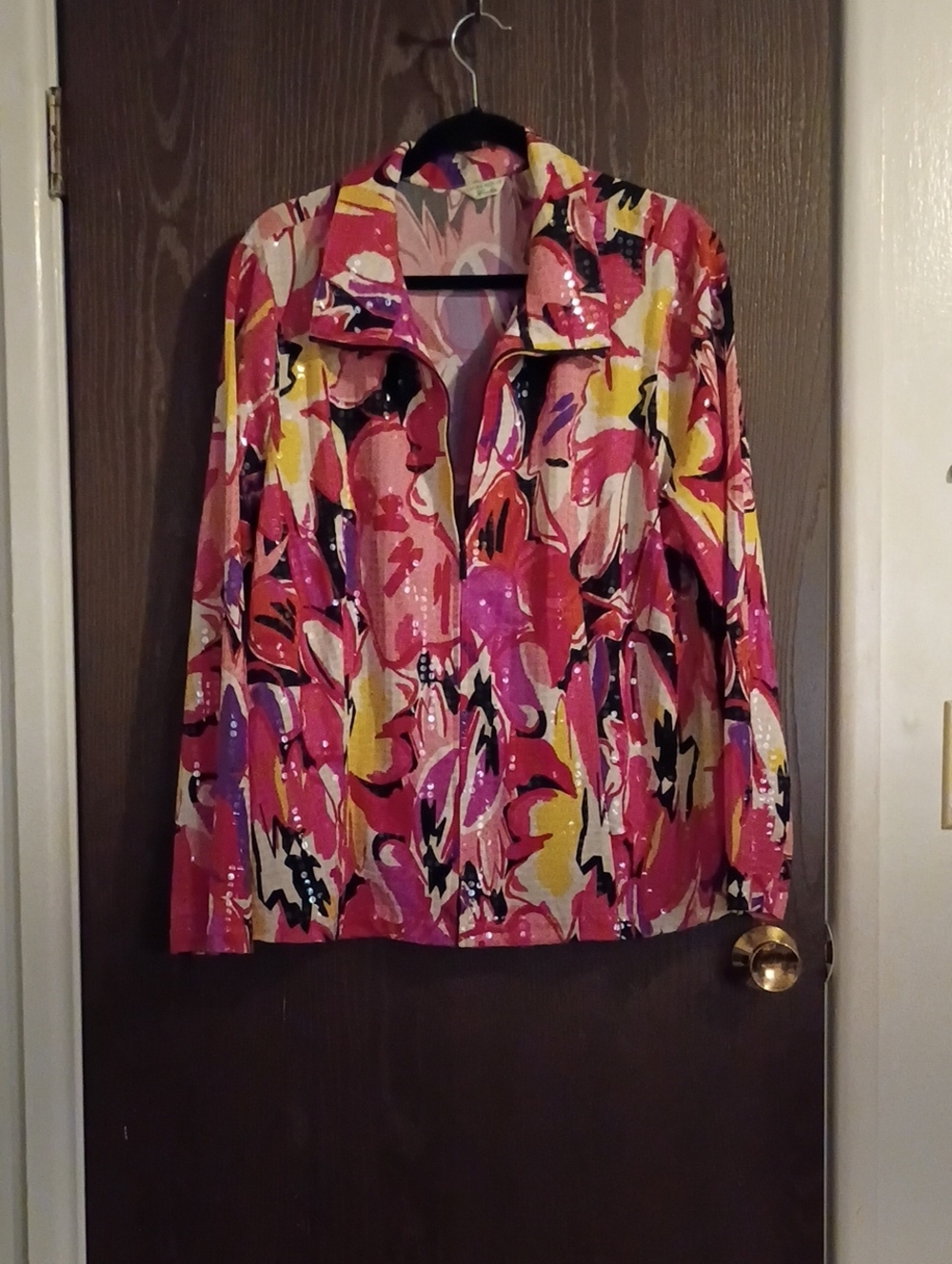 Bright Pink Abstract Print Women's Zip-Front Top